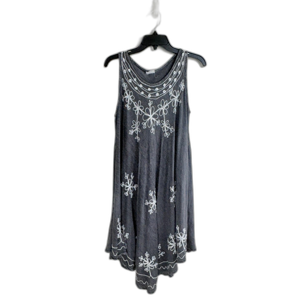 Beach Dress Weathered Gray White Embroidery Flowy Boho Cottage Free Size